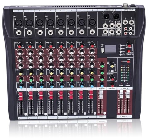 Professional Audio Mixer 8 Channel DJ Mixer Sound Board Console Stereo Sound Mixer, Bluetooth USB Computer MP3 Input 48 V Phantom Power Stereo DJ Recording Studio, Black