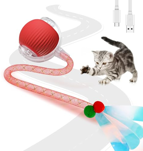 PATEMZON Balle de Jouets Interactifs, Jouet Interactif Intelligent, Faible Bruit Balle Interactive, Sphère Chat en Mouvement avec 2 Queue, Balles Roulante Automatique pour Chats Et Chiens (Rouge)