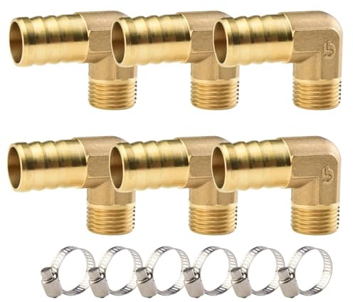 ANGEEK 6 stycken 1/2 tum yttre gänga vinkel 90° mässing slanganslutning, PT 1/2 tum x 19 mm koppling, slanganslutning, kontakt adapter, slangadapter med 6 stycken slangklämma