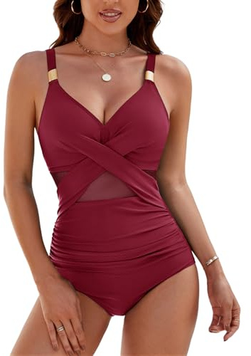 Svanco Costume Intero Donna Contenitivo Pancia Curvy Push Up Costumi da Bagno Donna in Tulle Modellante Mare