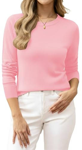 BAMBOO ISLAND Women's Crewneck Sweater 100% Cotton Classic Fit Soft Long Sleeve Knit Pullover Tops Pink Large