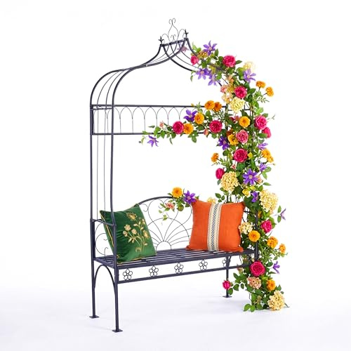 Relaxdays Arco per Rose con Panca, Metallo, HxLxP: 220 x 122 x 43 cm, Arco Stabile per Piante rampicanti, Nero