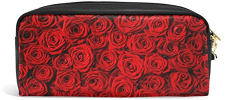 Domoko Natural Red Rose Floral PU Leather Pen Pencil Case Pouch Case Makeup Cosmetic Travel School Bag