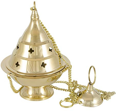 NKlaus Pivot d'Encens en Laiton Doré Avec Chaîne 25cm Ø 9cm - Encensoir Manuel - Mode de Fonctionnement au Charbon 2168