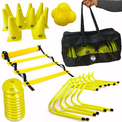 Football Master Foot ball Fitness Speed Training Equipment Exercise Aid Set 6 X Speed Hurdles 1 x 6 metre Agility ladder with 12 Rungs 10 X Traffic Cones,10 marker cones 1 X Reaction Ball Carry bag