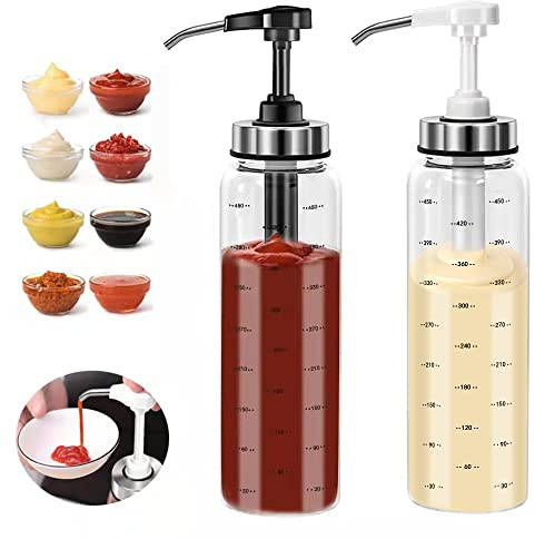 EHUNYELF Kryddpressflaskor, kaffesirapspump dispenser – droppfri glaspumpdispenser 470 ml, dispenser perfekt för ketchup, sallad, grillsås, honung, ostronsås, olja. 2-pack
