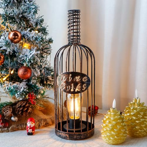 JHY DESIGN Decorative Table Lamp Battery Powered Cordless Metal Wine Cork Bottle Light with 6-Hour Timer for Tabletop Home Patio Dining Living Room(Black Brushed Gold)