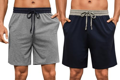 Nieery 2-pack pyjamasbyxor herr, korta bomull, sommar, pyjamas, shorts, fritidsbyxor, loungebyxor med sidofickor och elastisk linning