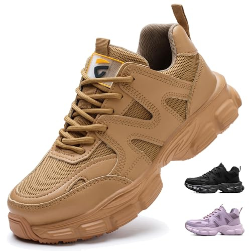Zapatos de Seguridad para Mujer Ligeros Comodos Zapatillas de Trabajo con Punta de Acero Antideslizantes Calzado de Seguridad Deportivo C01 Marrón/39