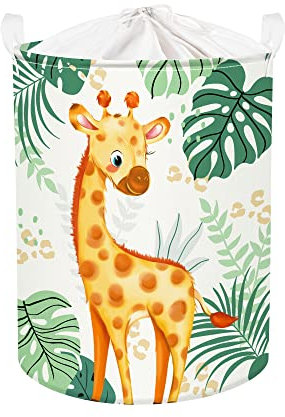 Clastyle 63L Cesta Portabiancheria Animale Foresta Giraffe Foglia per Ragazzi Ragazza Contenitore Giochi Bambini Verde Grande Tondo Pieghevole per Camera da Letto, 40x50 cm
