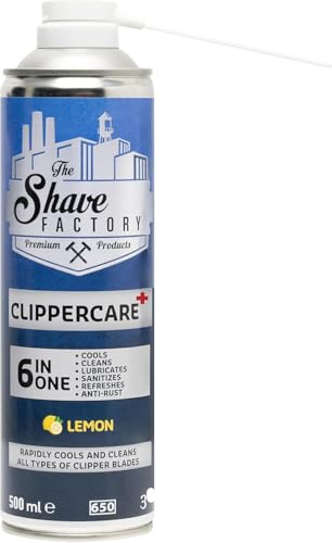 THE SHAVE FACTORY Clippercare - 6-i-1 spray 500 ml - hårvårdsspray för gräsklippare - fräschar, rengör och smörjer - rengöringsmedel och smörjmedel för klippare och trimmers blad