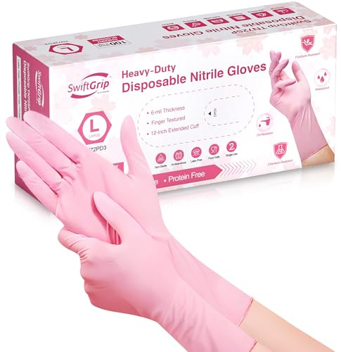 SwiftGrip Disposable Nitrile Dishwashing Gloves, Extended 12 Inches Cuff, 6-mil, Medium, Cherry Blossom Cleaning Gloves for Latex-Free, Ideal for Cooking, Hair Dye, Spa (Box of 50)