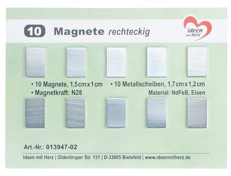 Ideen mit Herz | Mini Magnete Rechteckig | 10 Stück | Kleine Flache Magnete zum Basteln | 1,5 cm x 1 cm | 10 Metallscheiben Gegenstücke 1,7 cm x 1,2 cm