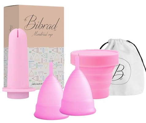 Bibrad Menstrual Cup - 2 Menstrual Cups, Size M, Applicator, Sterilizer Cup and Cotton Carrying Bag - 100% Soft Medical Grade Silicone Washable and Reusable (M-M+APPLICATOR)