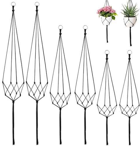 Pizens 6 Pezzi Vasi Sospesi per Piante, Porta Vasi da Appendere con Nappa, Portavaso Sospeso per Piante da Interno ed Esterno - per Balcone Decorazioni da Giardino (Nero)