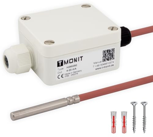 Tmonit - PT1000 Temperaturfühler, 0-10V oder 4-20 mA, -50 bis 200 °C, IP65 strahlwassergeschützt, Strom- oder Spannungsausgang, Silikon-Leitung - für HLK & Industrie (4-20 mA, 5m Silikon-Leitung)