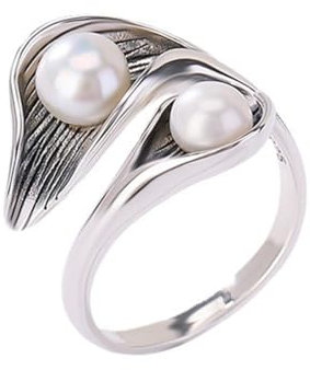 Eleganter 2 Perlenring Doppelperlenringe für Frauen 925 Silber überzogen Verstellbar Offen Vintage 3D Calla Blume Ring Weiß Runde Perlen Blatt Einzigartige Jubiläumsringe Alltagsringe