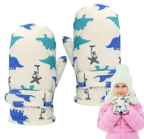 Winter-Skifäustlinge für Kinder, 1 Paar Skifäustlinge für Kinder, wasserdicht, warm, schnelltrocknend, mit Dinosaurier-Druck für