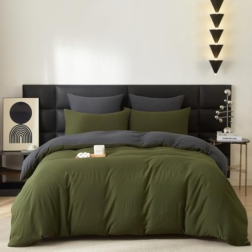 Juego de ropa de cama de algodón de 155 x 220 cm, color verde, verde oliva y gris, 3 piezas, para cama de matrimonio, suave, certificado ÖkoTex, para alérgicos, funda nórdica suave de algodón y 2