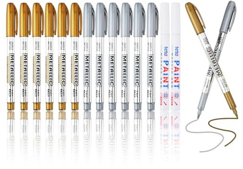 14 Stück Metallic Marker Stifte Set, Gold und Silber Markierstifte Goldstift mit 2 Weißen Stiften, Permanente Acrylic Marker Glitzerstifte Edding Silber Stifte für Kartenschreiben DIY Zeichnung Album