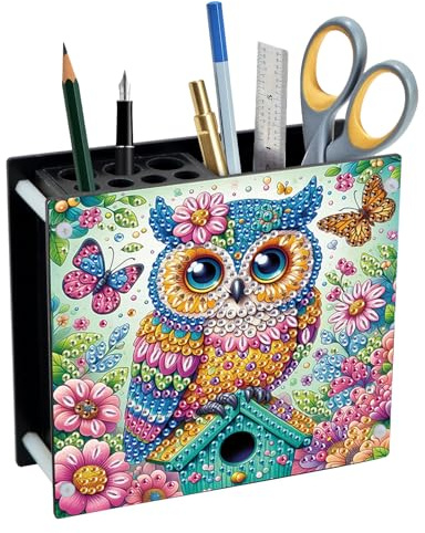 DCIDBEI Porte-crayons de peinture diamant 13 x 12 cm - Organiseur de bureau - Peut contenir des crayons de couleur - Différents articles de papeterie - Porte-stylos multifonction - Motif chouette