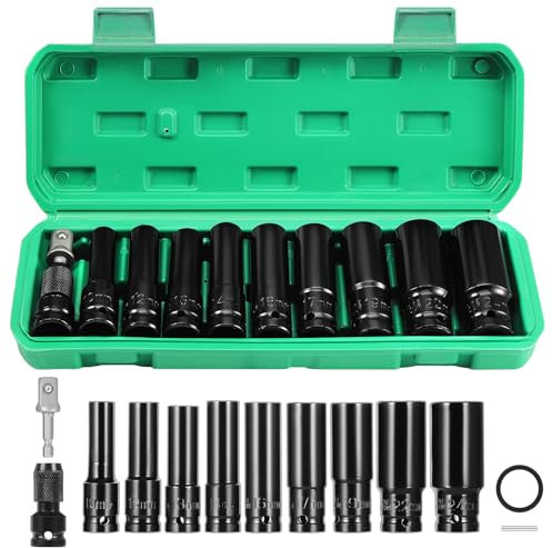 Gueenky 11 Piezas Llaves de Vaso Impacto 1/2'', 10-24 mm Vasos de Impacto Largos con Adaptadores de Llave de Vaso para Reparaciones de Coche y Cambio de Neumáticos