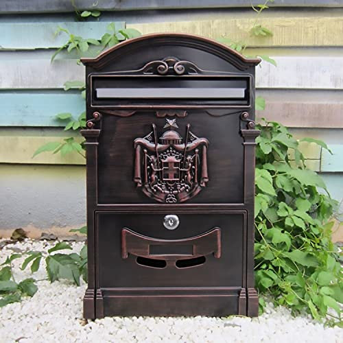 HCZKIUJY Wall Mounted Post Box, Wall Mount Mailbox Antique Letterbox, English Style Wall Mount Cast Aluminum for A4 Letters Design Lockable Postbox (Red Copper 30x21x9cm)