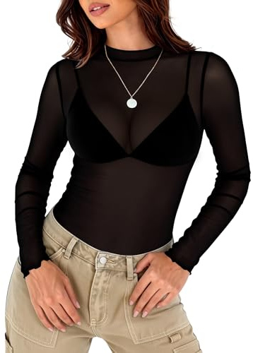 Elesomo Women's Sheer Long Sleeve Shirts Mesh Top, Black L