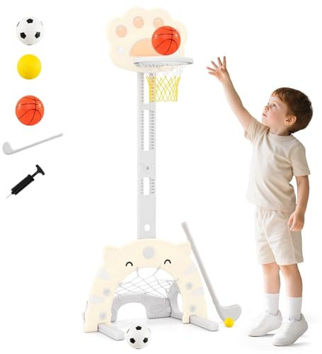 OLAKIDS Toddler Basketball Hoop, 3 in 1 Height Adjustable Kids Sports Activity Center Indoor Outdoor with Soccer Goal Golf Ball and Club, Baby Toy Game Play Set Gifts for Boys Girls (Gray)