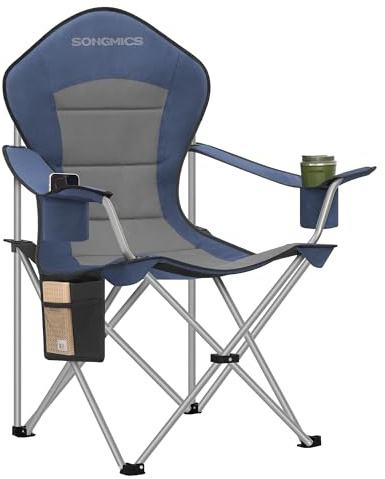 SONGMICS Sedia da Campeggio, Sedia Pieghevole e Portatile con Seduta Ampia, Schienale Alto, con Portabicchiere, Supporto per Cellulare, Organizzatore in Tessuto, Blu e Grigio GCB005QE01