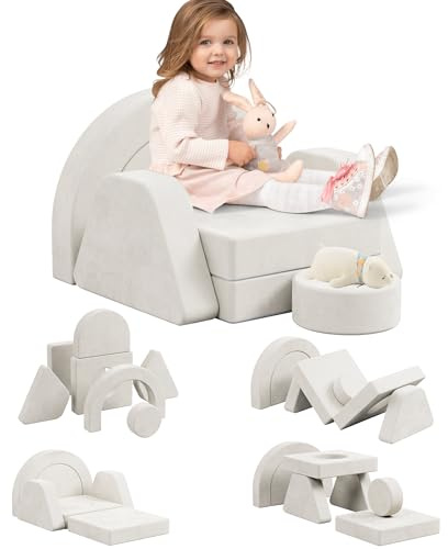 Hironpal Modular Kids Play Couch for Toddlers Convertible Sofa with Soft Cushions Non Toxic Building Forts DIY Children Indoor Sectional Couch for Boys Girls Playroom (Beige, Single)