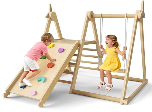 Parco giochi per bambini 5 in 1 con altalena, scivolo, scala, parete da arrampicata e mulino a vento, 2-8 anni, favorisce il fitness e la creatività, interni, giardino, area giochi