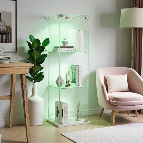 Hoscullo glasvitrinskåp stående med LED, vitrinskåp stående med 3 hyllor och 1 dörr, samlarvitrin för vardagsrum sovrum kontor, vit bottenplatta