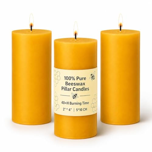 Azuritek 3 PCS Beeswax Pillar Candles, Each 40H Burn Time - 2x4in