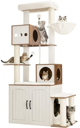 Fobyfurny Arbre à Chat Bois avec Litière, 190 cm, Blanc et Marron | Poteaux à Griffer, Plateforme de Saut Amovible, Deux Grottes, Plateforme, Coussins Lavables, pour l'Intérieur FPMS013PWR1