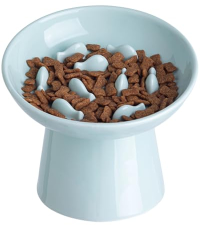 KITCHENLESTAR Ceramic Elevated Slow Feeder Cat Bowl - 6 Raised Cat Food Bowl for Bloat Relief & Anti-Vomiting, Whisker Friendly Ceramic Cat Slow Feeder for Indoor Cats, Kittens, Puppies - Azure