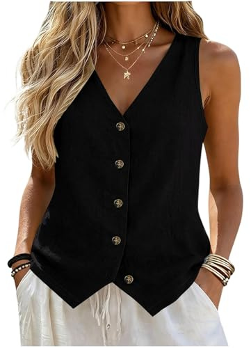 Womens Cotton Linen Waistcoat V Neck Sleeveless Button Down Summer Vest Tops Loose Fit Lightweight Tank Tops Dressy Casual Work Office Business Blazer Vests Daily Wear