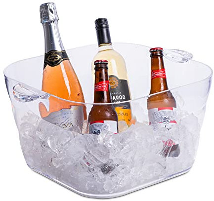 Drinkstuff Glacier Giant 22L Square Party Tub with Handles – Large Clear Drinks Cooler for Parties, BBQs & Events – Holds 8+ Wine or 24+ Beer Bottles – Shatter‑Resistant Styrene Plastic Ice Bucket