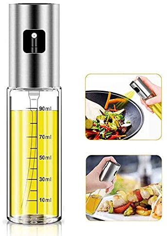 YANKUIRUI Oil Sprayer for Cooking, Olive Oil Sprayer Bottle, 100ml Glass Bottle, Stainless Steel, Reusable, Non-Slip Design, Hidden Nozzle