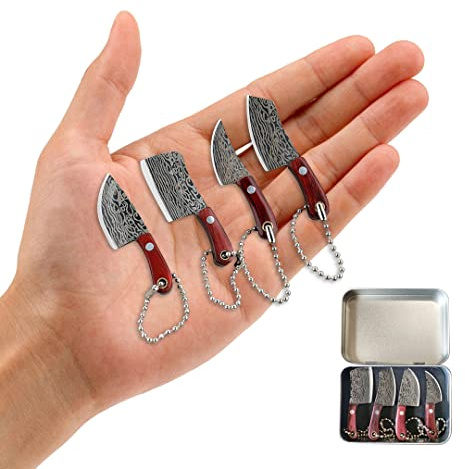 Damascus Pocket Knife Set Mini Chef Tiny Cleaver for Package Opener Box Cutter - of 4