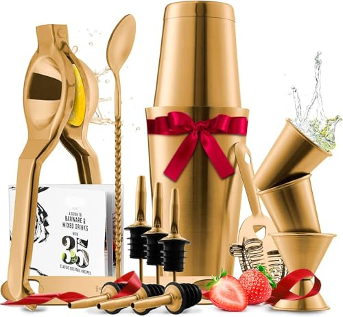 Eatex Bar Set Cocktail Shaker Set - Rostfritt stål Bartender Kit, 16 delars cocktailkit, komplett cocktailset, barverktyg: Martini Shaker, Muddler, Cocktail Book, sprithällare - Guld