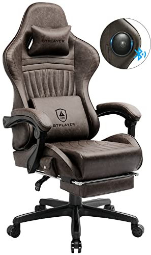 GTPLAYER Gaming Stuhl, Ergonomischer Gaming Sessel Schreibtischstuhl PC Gamer Racing Stuhl mit Fußstütze Lautsprecher Musik Bürostuhl bis 150kg belastbar Hellbraun