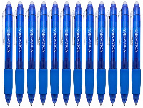 Volcanics Retractable Clicker Erasable Gel Pens - 0.7mm Ball Point, Heat Erase with Built-in Eraser, 12 Pack Blue