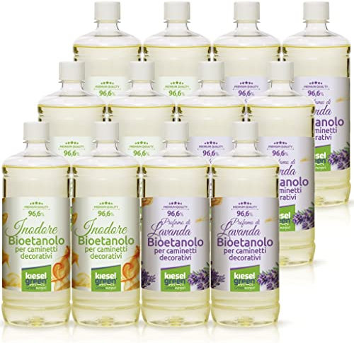 KieselGreen Bioethanolo 12 x 1 litro Set (6x Inodore + 6x con Fraganza) per Caminetto a Etanolo – Bio-etanolo profumato per Ambienti - Profumo per Caminetto a bioetanolo da Interno o da Tavolo L