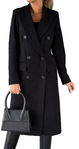IDEALSANXUN Wool Coats for Women Fall Fashion Outfits 2026 Long Dress Ladies Double Breasted Trench Coat Warm Peacoat Jackets Winter Clothes, Black, M