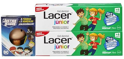 LACER JUNIOR - Pack 2 x 75 ml Gel Dental Sabor Menta con una de las Figuras de Batman, para Niños de +6 años, Sabor a Menta, Previene la Caries, Fórmula de Flúor Más Calcio, Cuida los Dientes de Leche