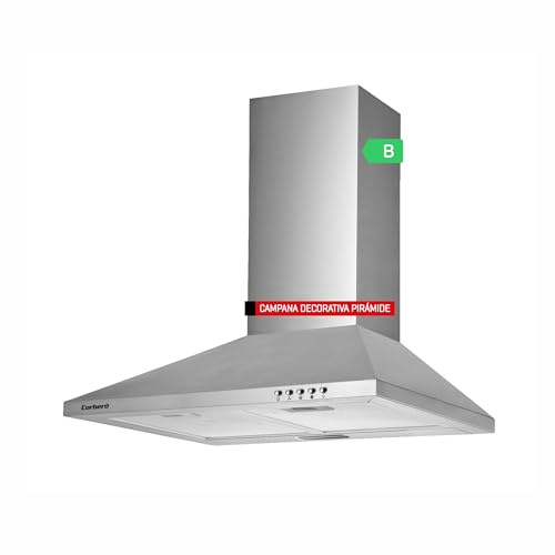 Corberó - Campana Extractora Decorativa 60 cm | TEIDE635X | Pirámide Inox | Caudal 361,9 m3/h | 65W | 3 Velocidades | 2 Filtros de Aluminio | Filtro de Carbon | Eficiencia Energética B, Inox