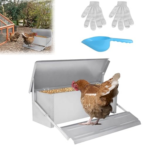 JOIEYOU Futtertrog Hühner Futterautomat Futterspender Hühnerfutter 10kg Futter mit Trittplatte Deckel Regenfest Rattenfest