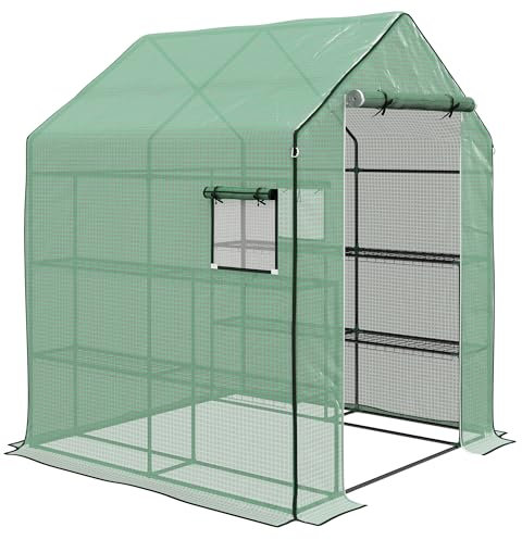 Outsunny Serre de Jardin PE avec étagères 3 Niveaux, Serre de Balcon, bâche renforcée 135 g/m², châssis en Acier, Porte zippée Enroulable, pour légumes Plantes Fleurs, 140x143x190cm, Vert