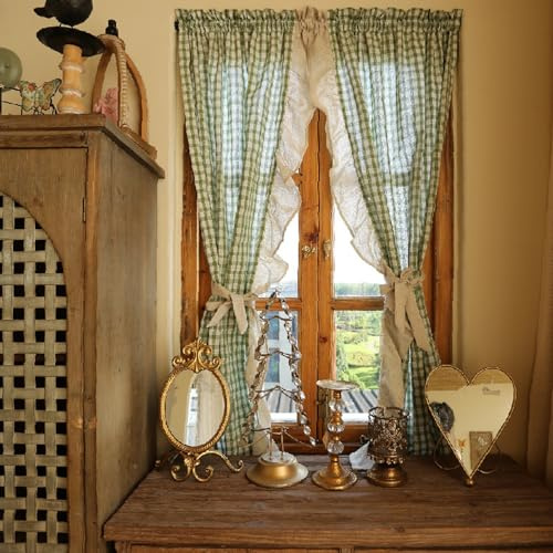 izielad 2PCS Tenda da Cucina Corta Tenda da Bistrot Vintage Tende Cucina Country Motivo a Quadretti Tendine a Quadretti Buffalo Check Tende Corte per Finestre Verde LxA 70x80cmx2pcs